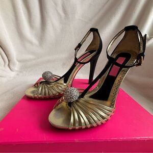 Betsey Johnson Gold and Black Heels with Crystal Accents